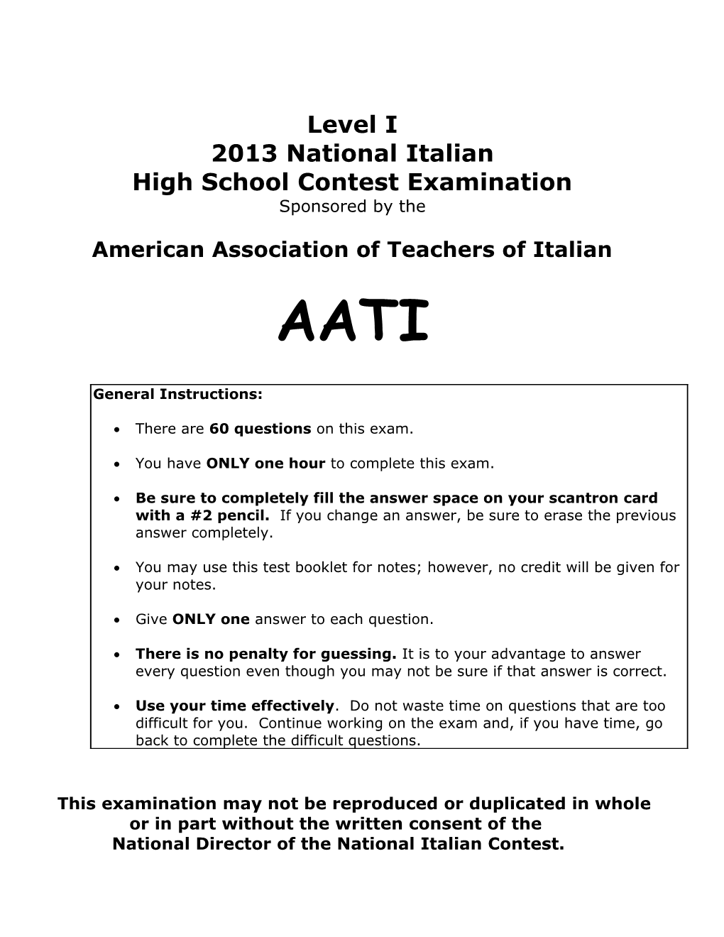 National Italian Contest Examination