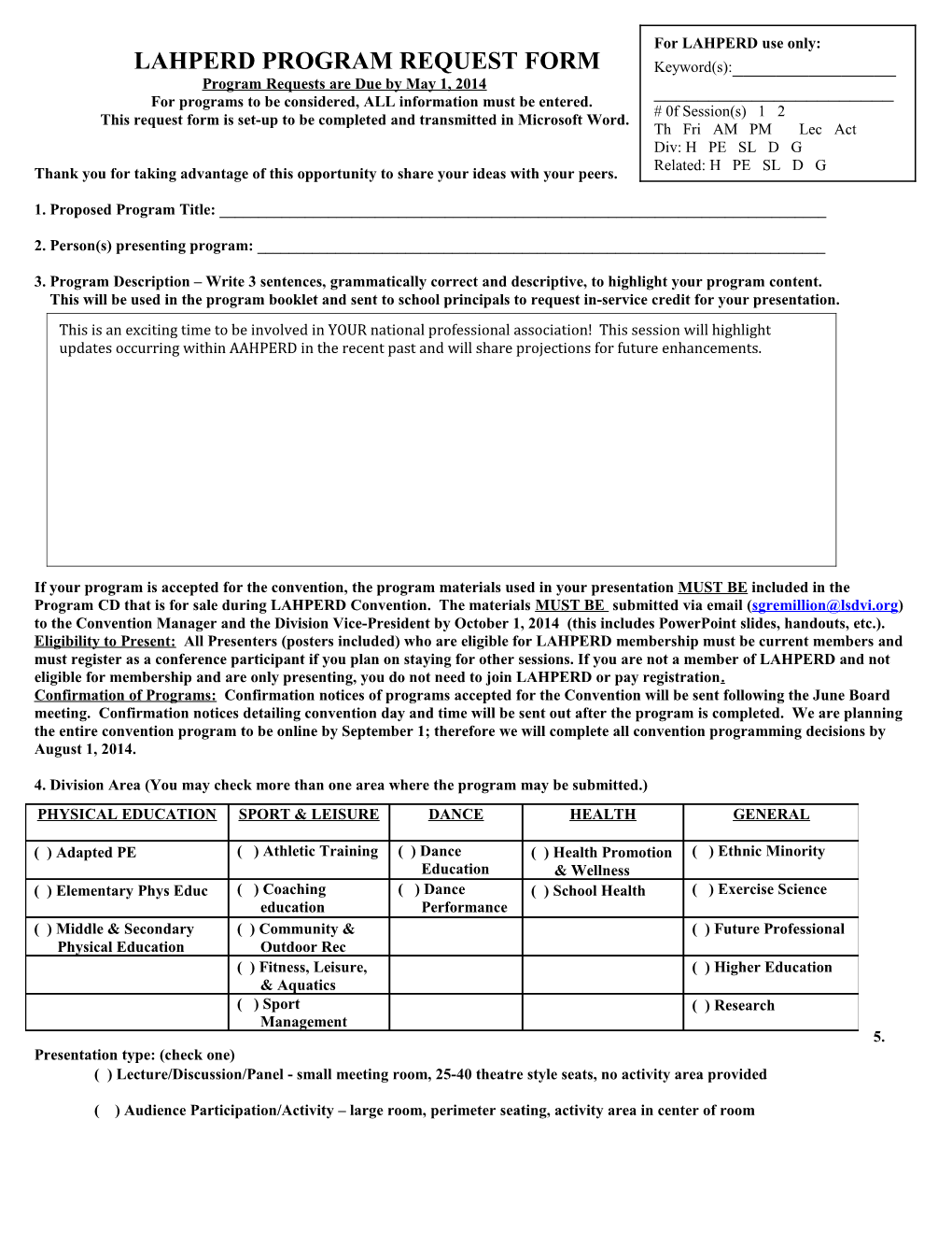 Lahperd Program Request Form