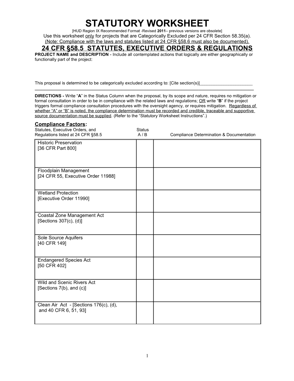 STATUTORY WORKSHEET for CATEGORICALLY EXCLUDED PROJECTS