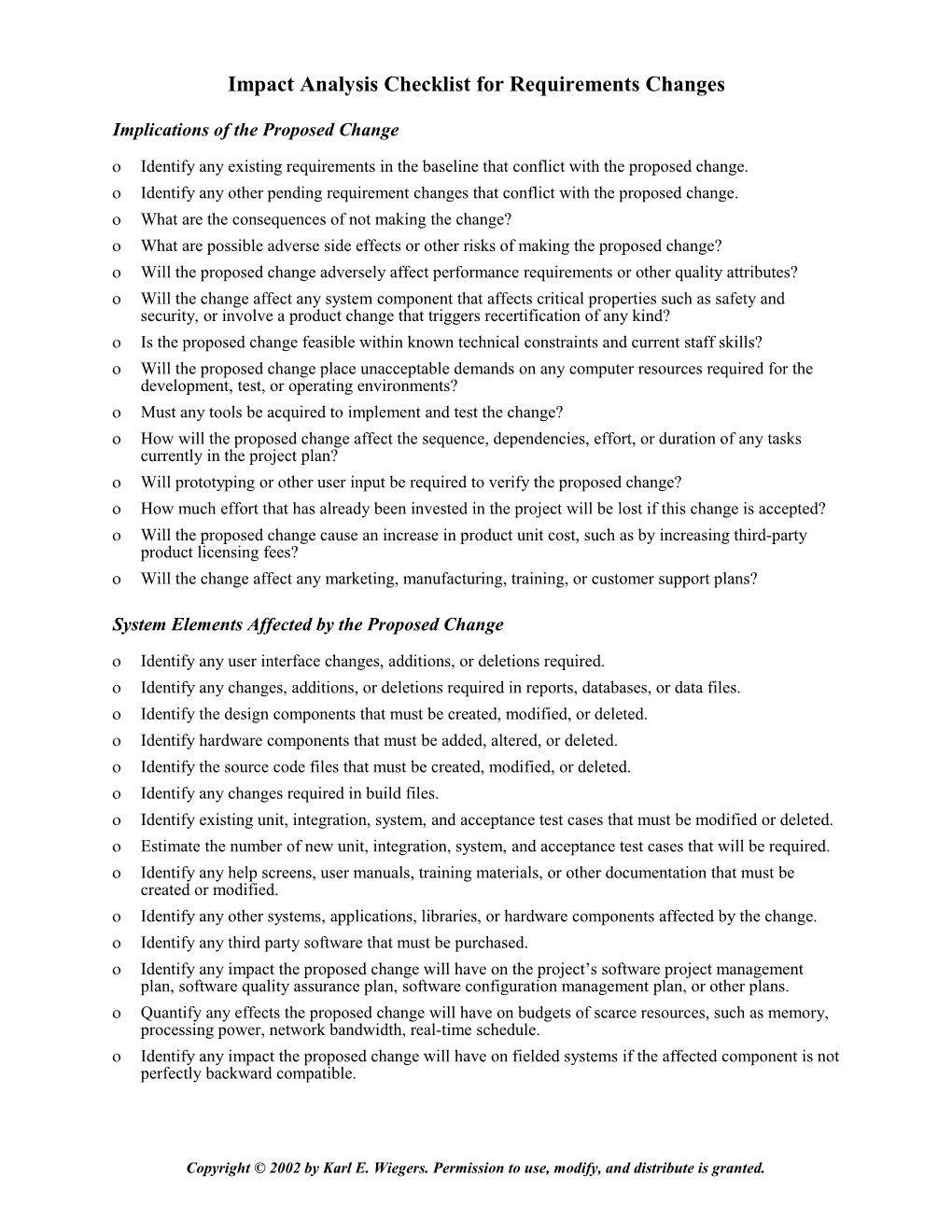 Impact Analysis Checklist for Requirements Changes