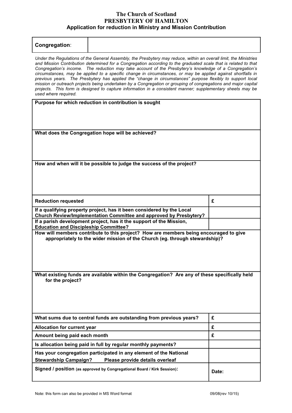 Application for Reduction in Ministry and Mission Contribution