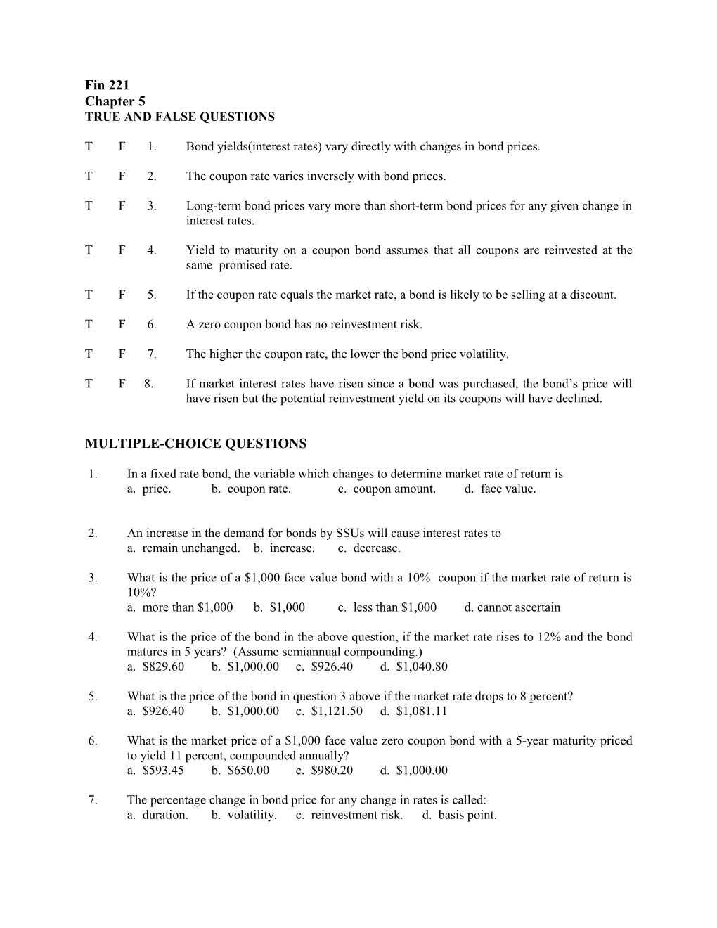 True and False Questions