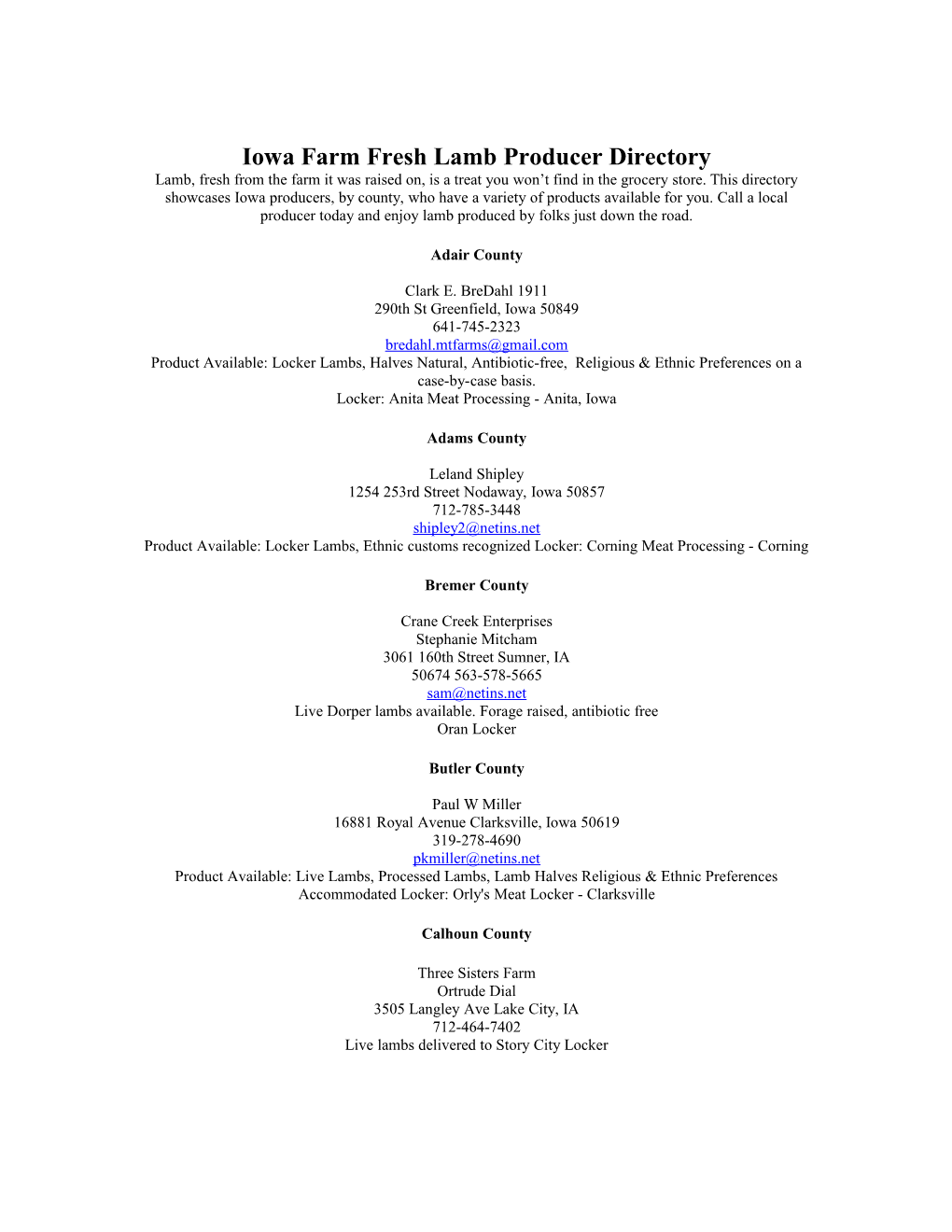 Iowa Farm Fresh Lamb Producer Directory