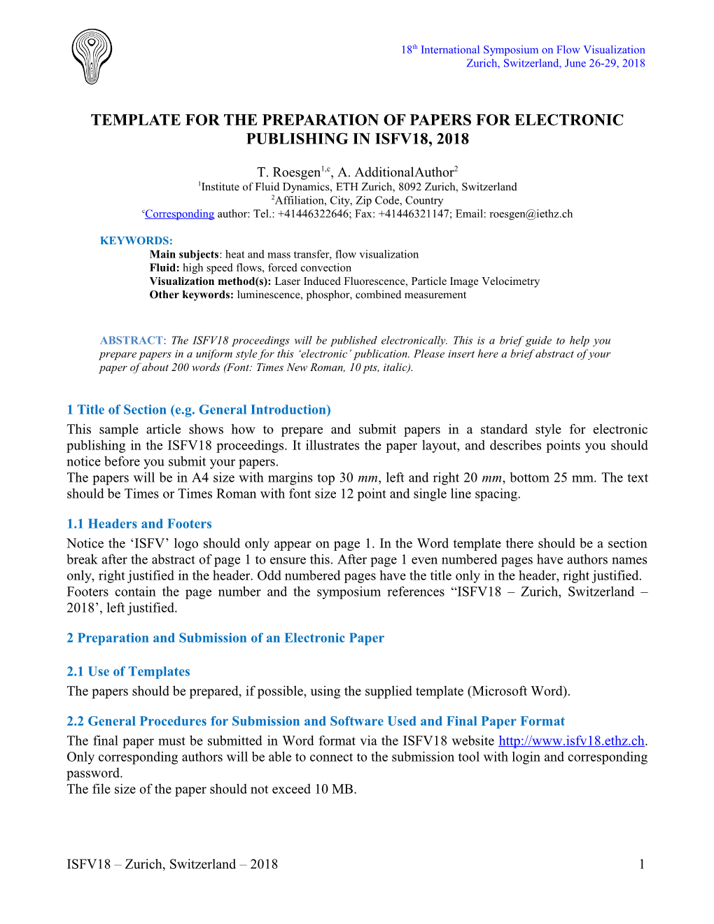 Template for Preparing Full Paper for the ISFV16