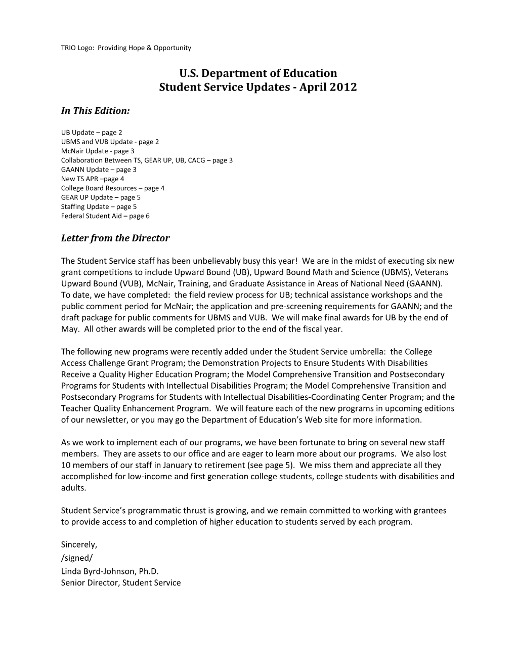 Student Service Updates April 2012 Newsletter (MS Word)