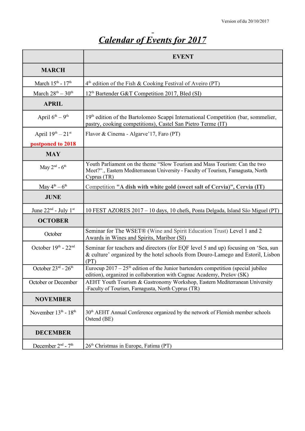 Calendar of Events for 2009 (Draft Version)