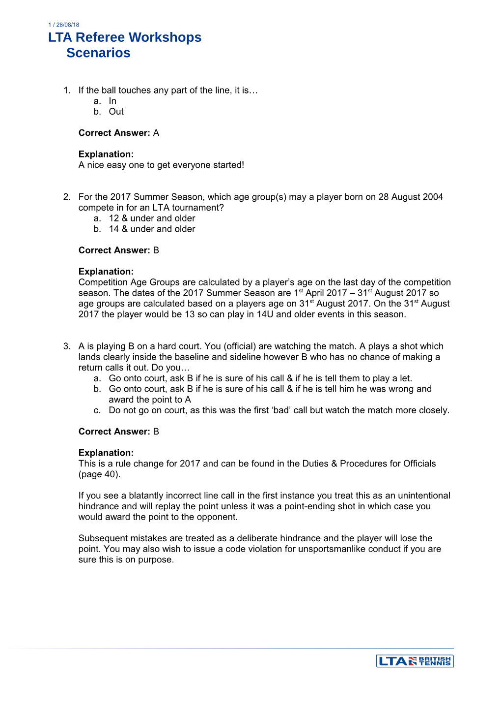 LTA Referee Workshopsscenarios