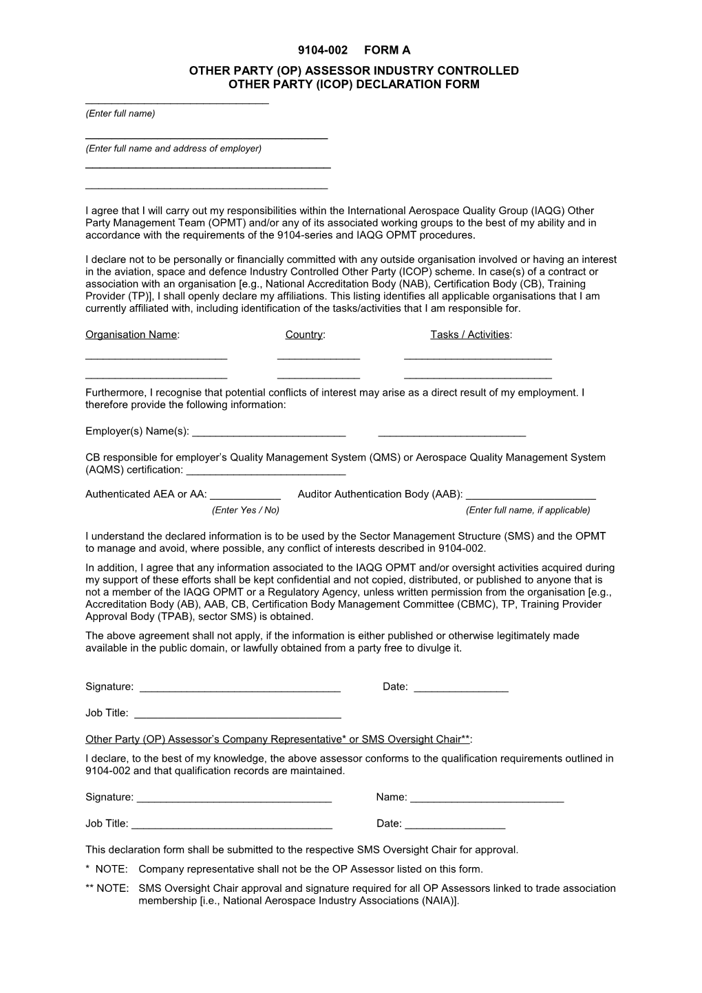 Other Party (Op) Assessor Industry Controlled Other Party (ICOP) Declaration Form