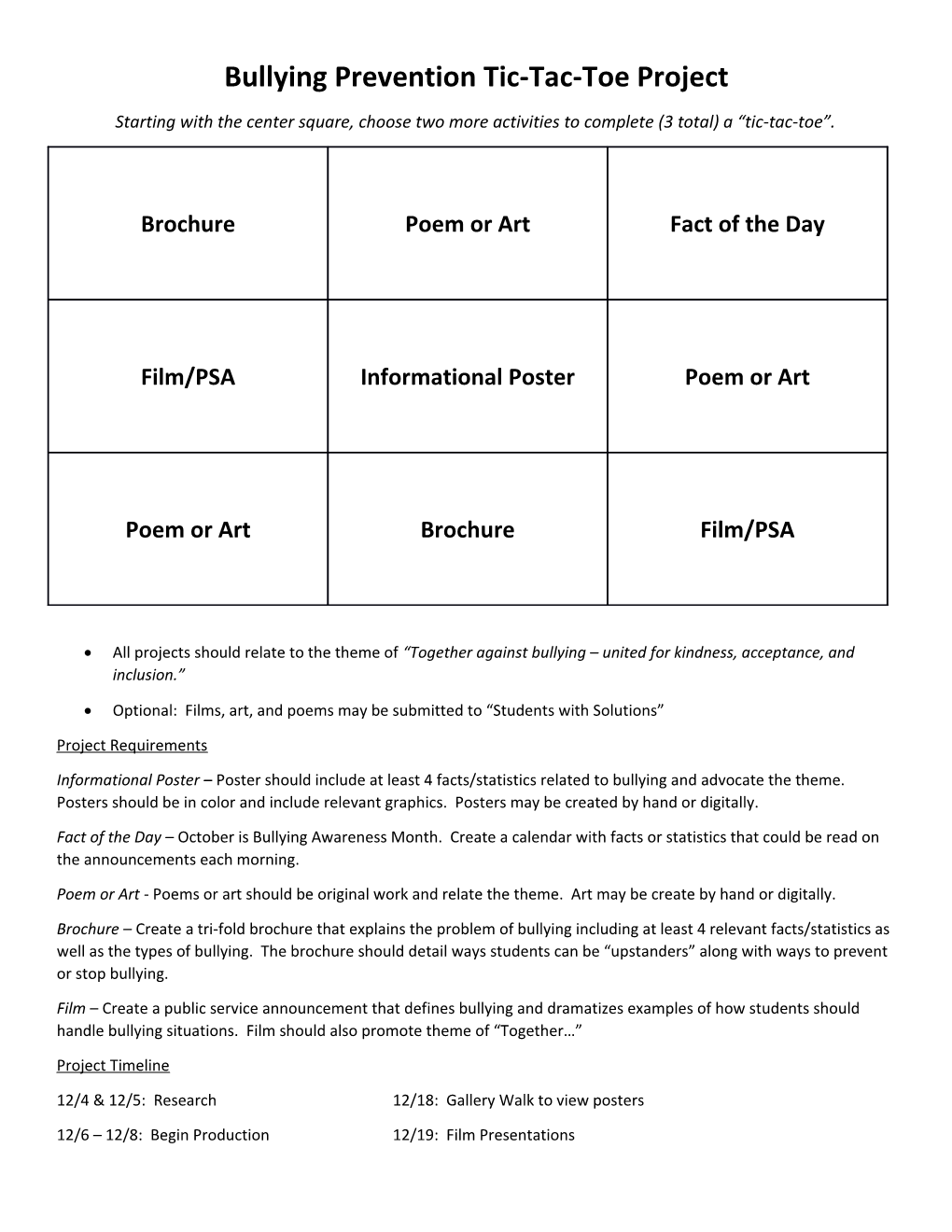 Bullying Prevention Tic-Tac-Toe Project