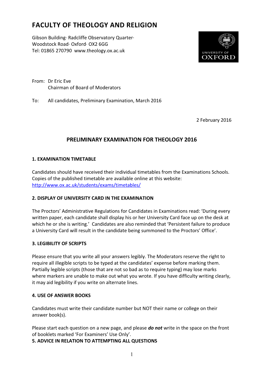 Preliminary Examination for Theology 2016