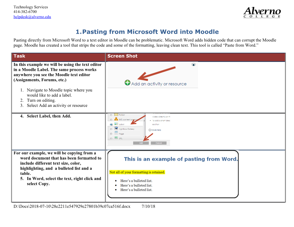 Pasting from Microsoft Word Into Moodle