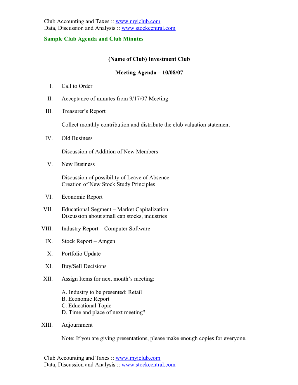Sample Investment Club Meeting Agenda and Minutes