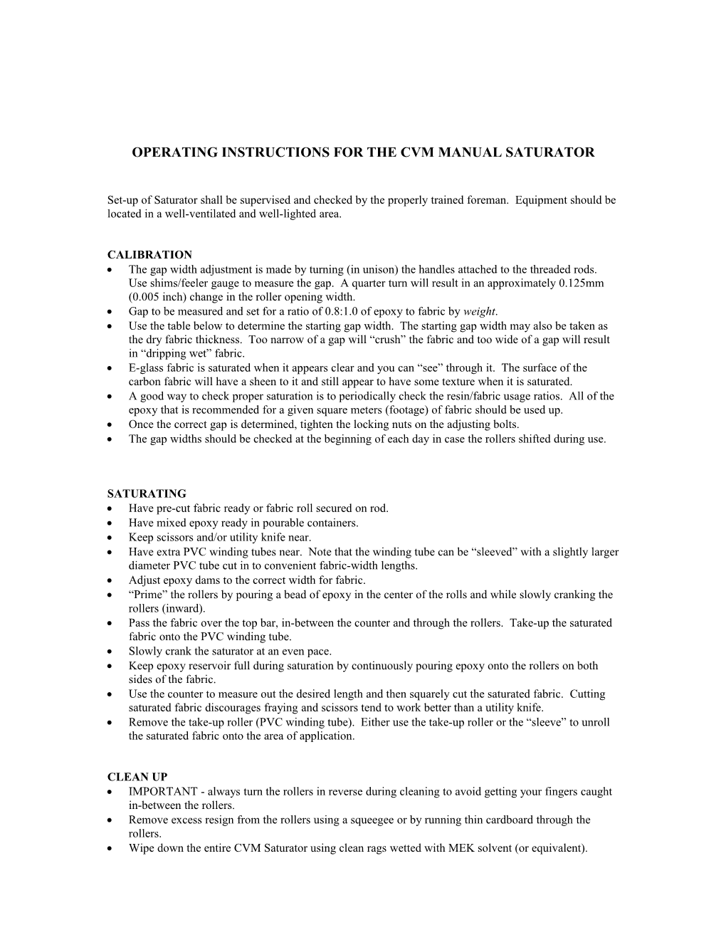 Operating Instructions for the Cvm Saturator