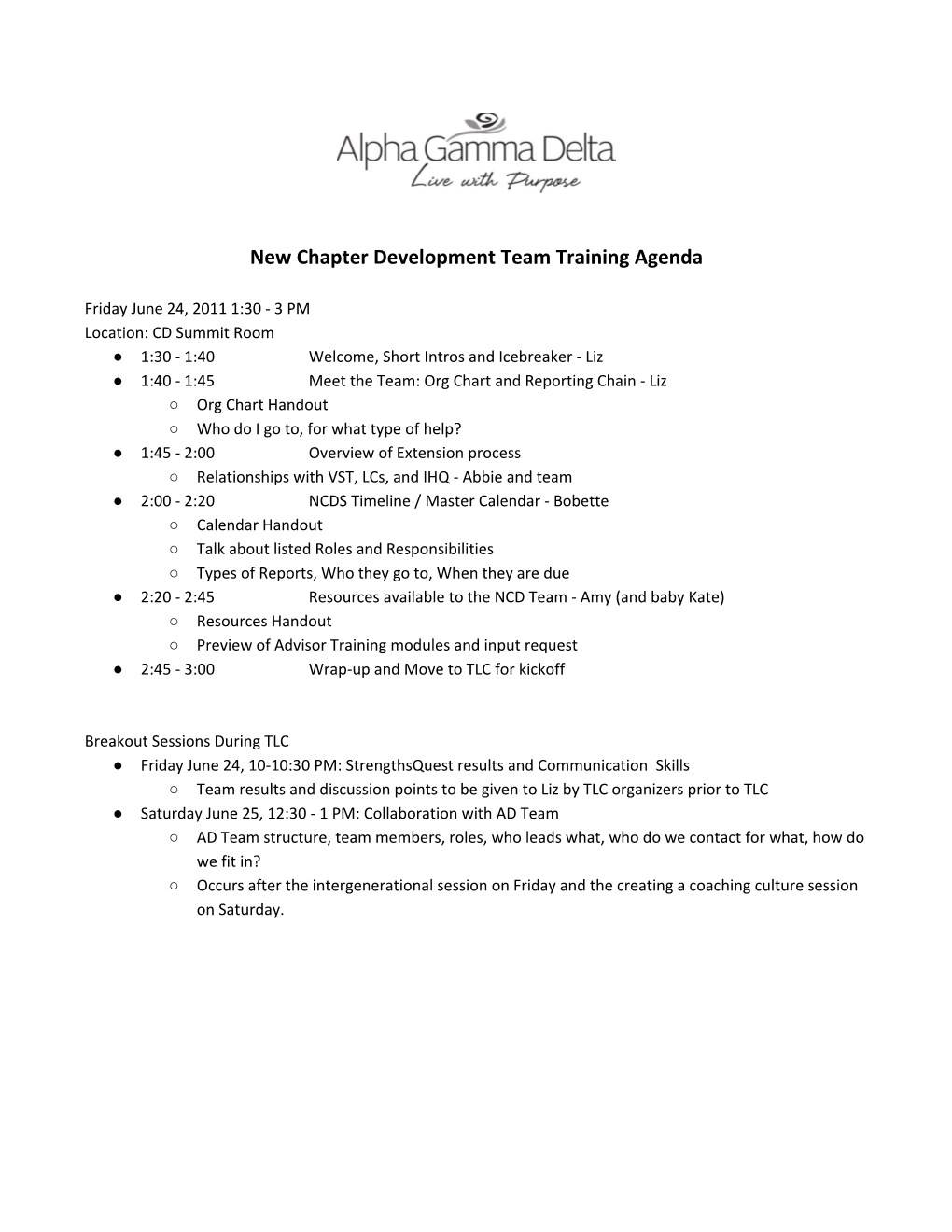 New Chapter Development Team Training Agenda