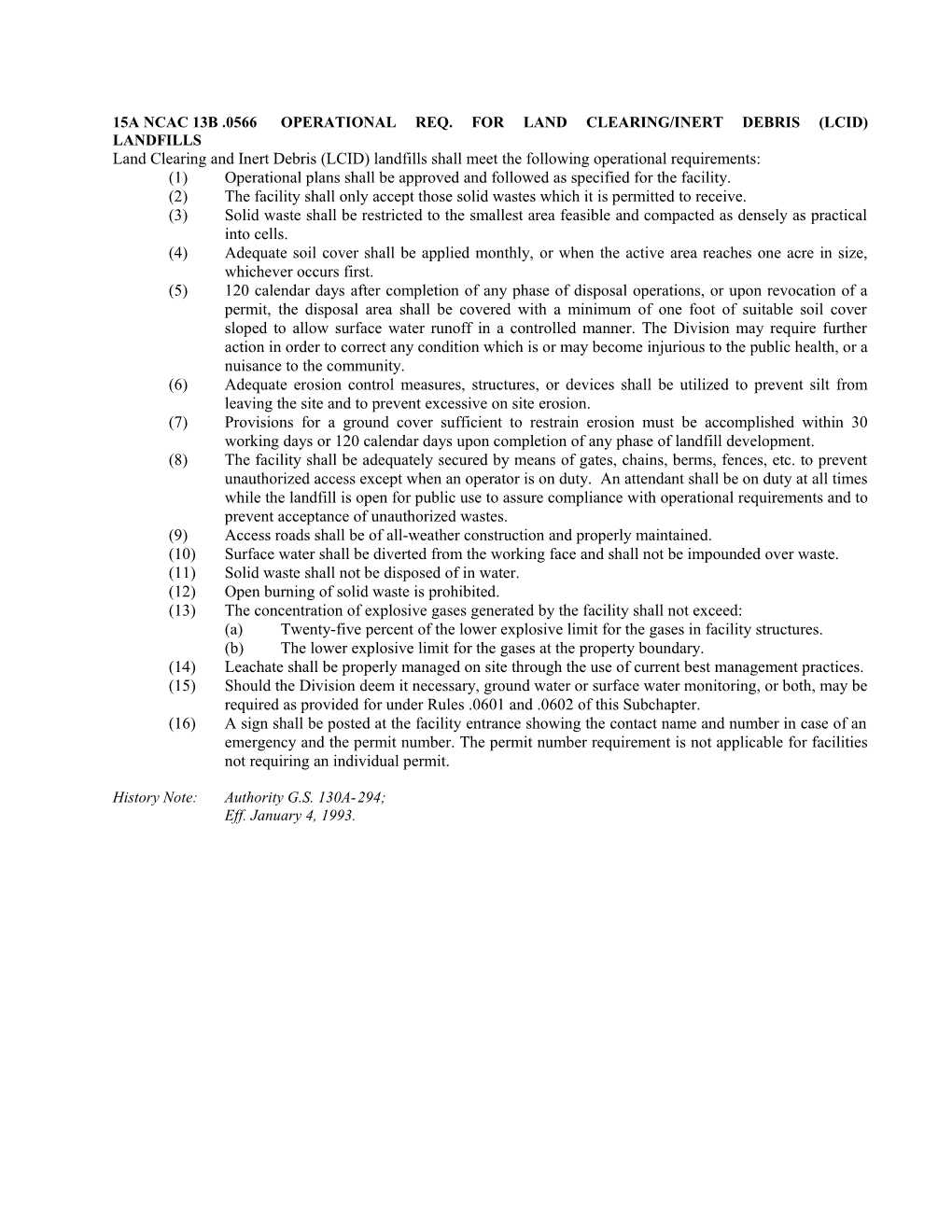 15A Ncac 13B .0566Operational Req. for Land Clearing/Inert Debris (Lcid) Landfills