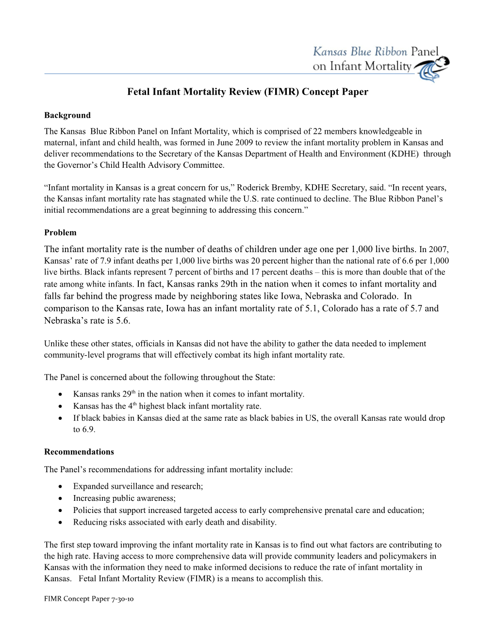 Fetal Infant Mortality Review (FIMR) Concept Paper
