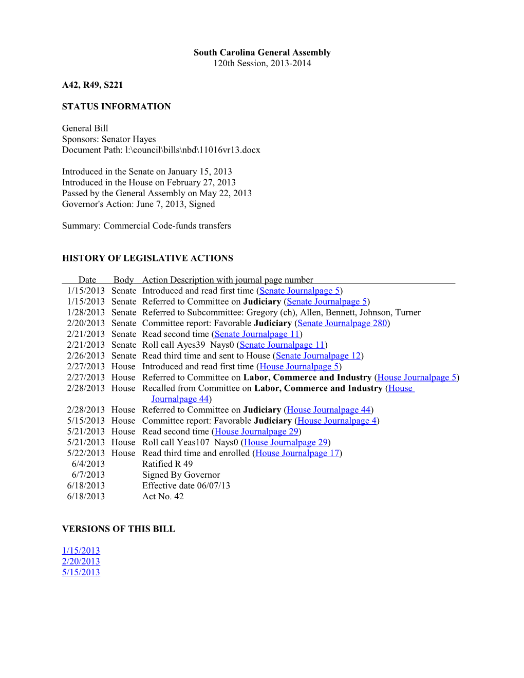 2013-2014 Bill 221: Commercial Code-Funds Transfers - South Carolina Legislature Online