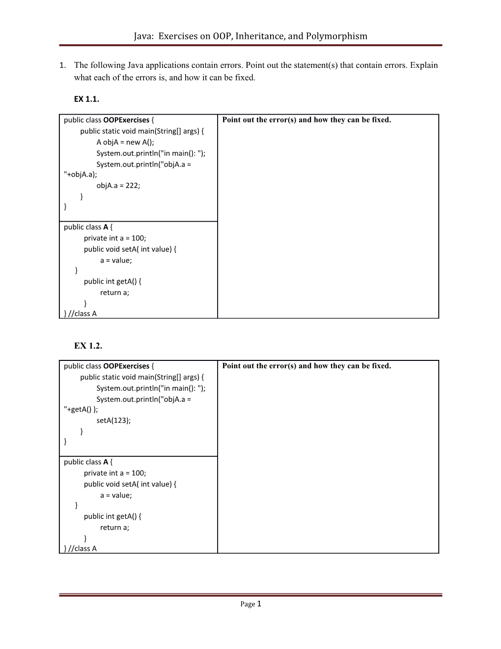 Java: Exercises on OOP, Inheritance, and Polymorphism