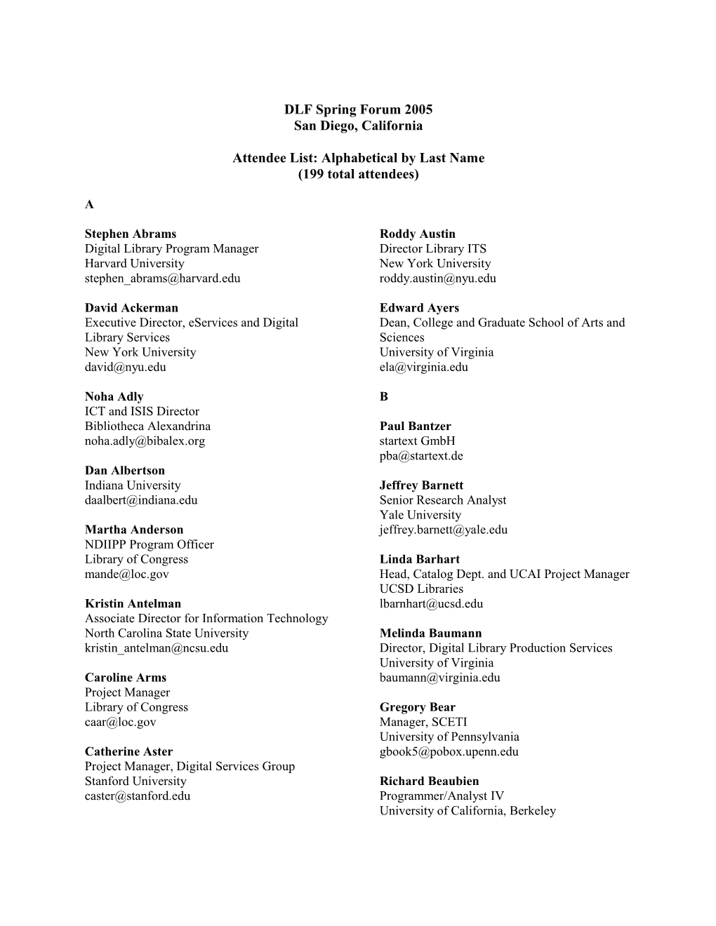 DLF Spring Forum 2005: San Diego, California: Attendees