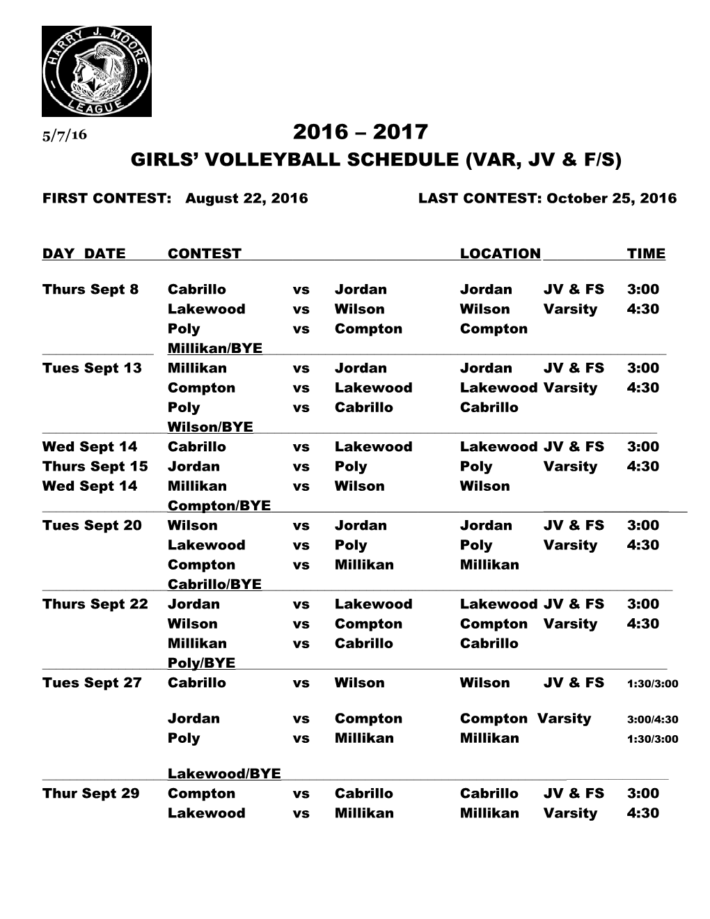 Girls Volleyball Schedule (Var, Jv & F/S)