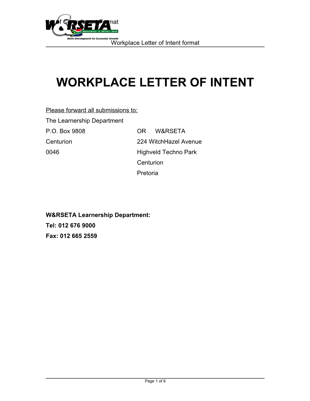 Workplace Letter of Intent Format