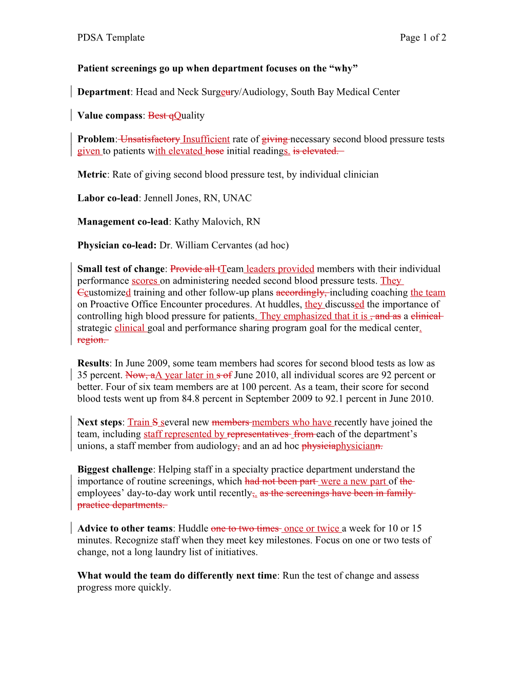 Plan, Do, Study, Act Snapshots of Change Template