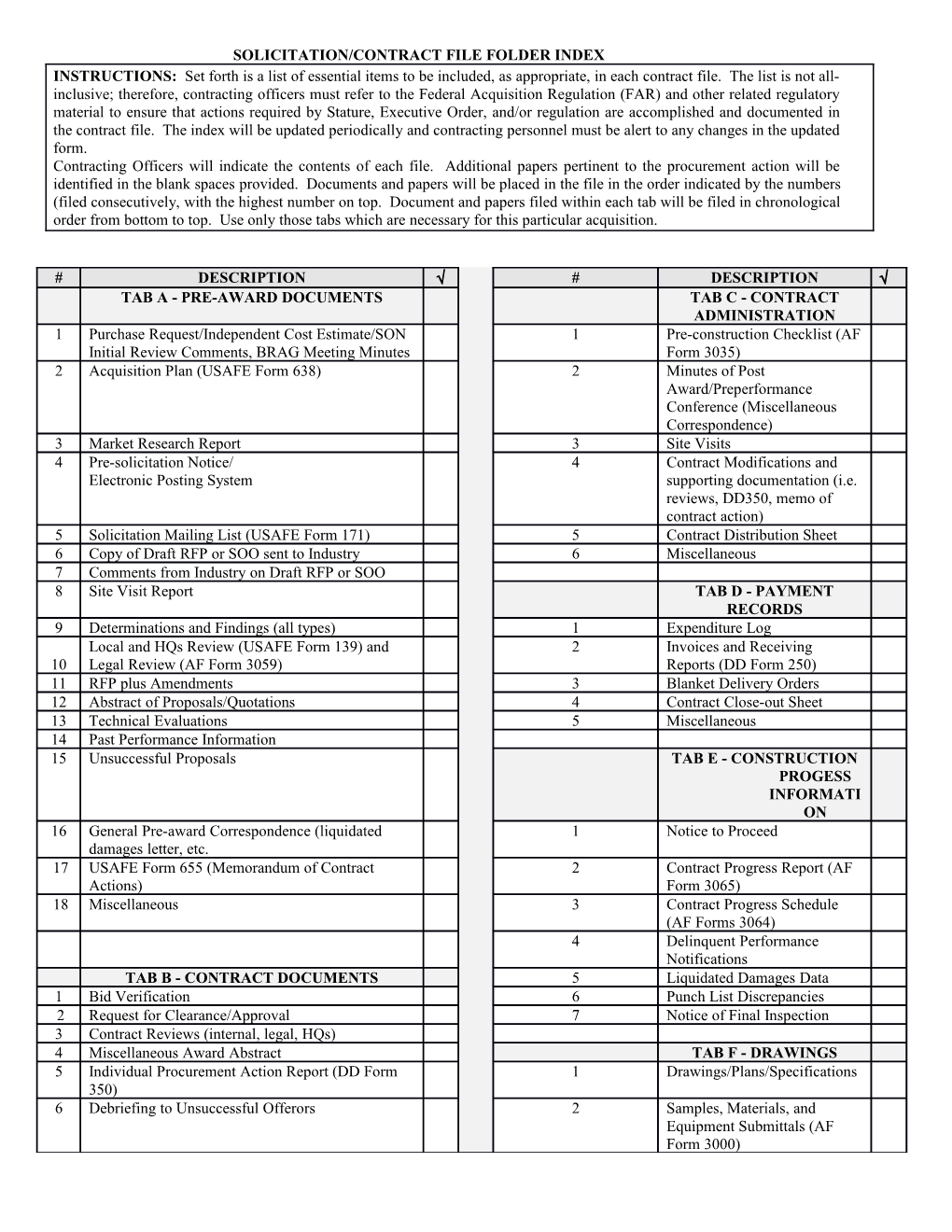 52D Contracting Squadron - Solicitation/Contract File Folder Index