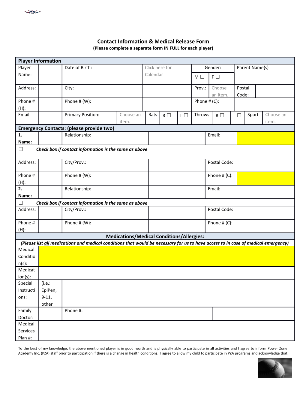 Contact Information & Medical Release Form