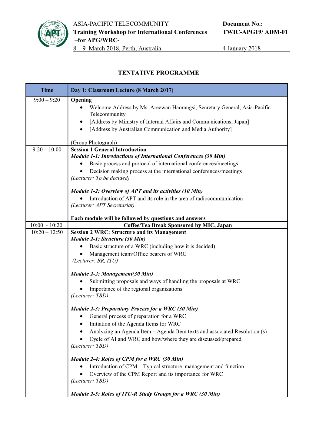 Tentative Programme