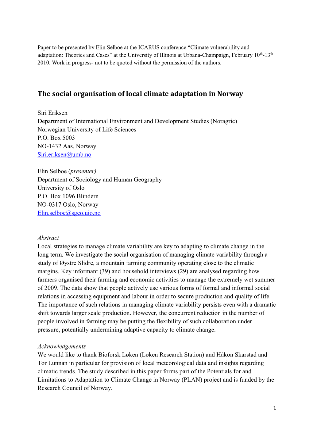 The Social Organisation of Local Climate Adaptation in Norway