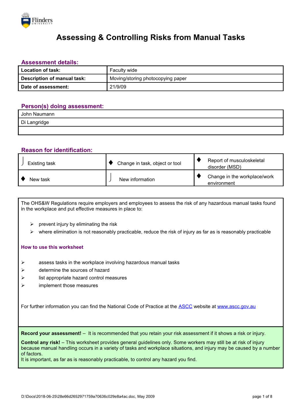 Assessing & Controlling Risks from Manual Tasks