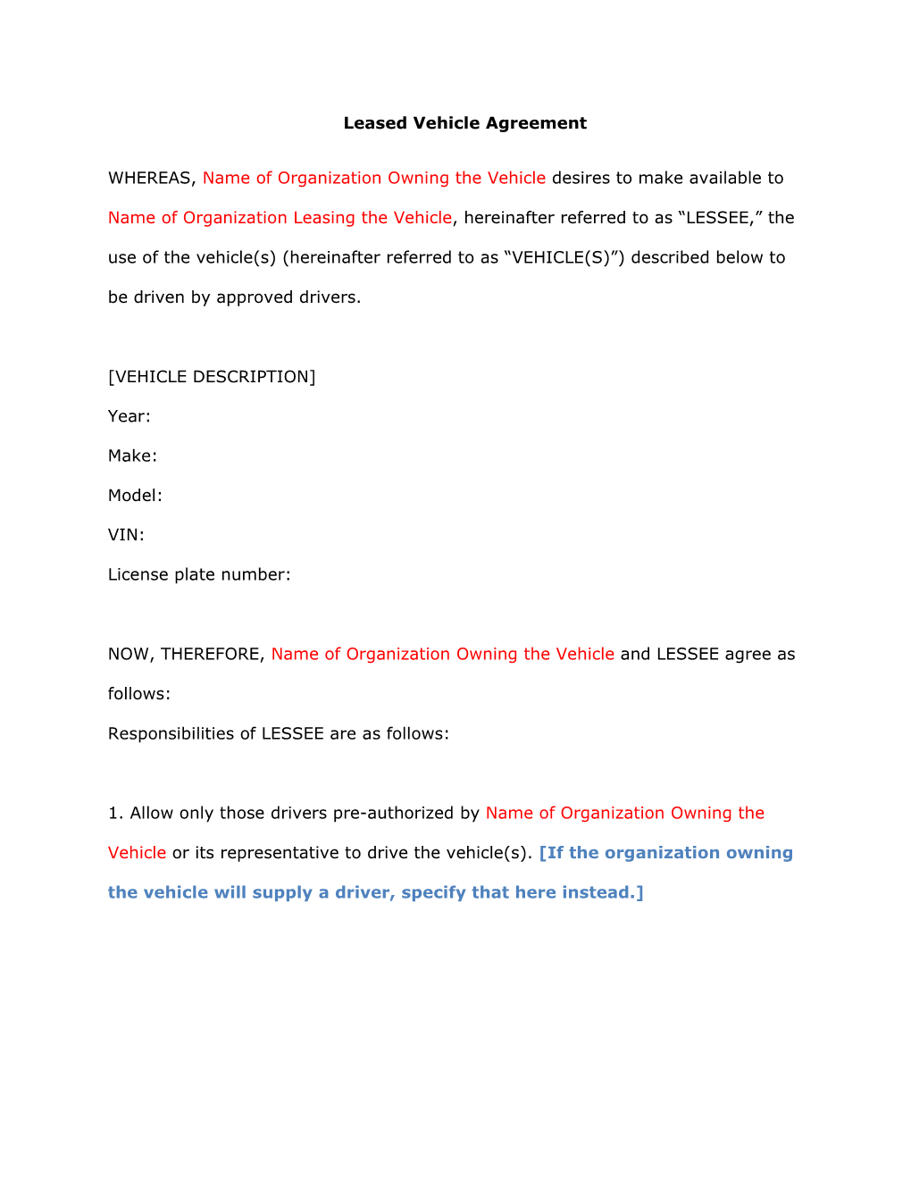 Leased Vehicle Model Agreement Template