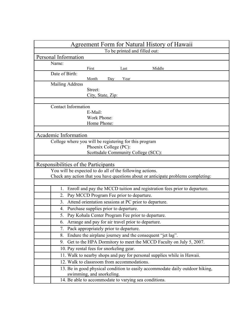 Application Form for Natural History of Hawaii