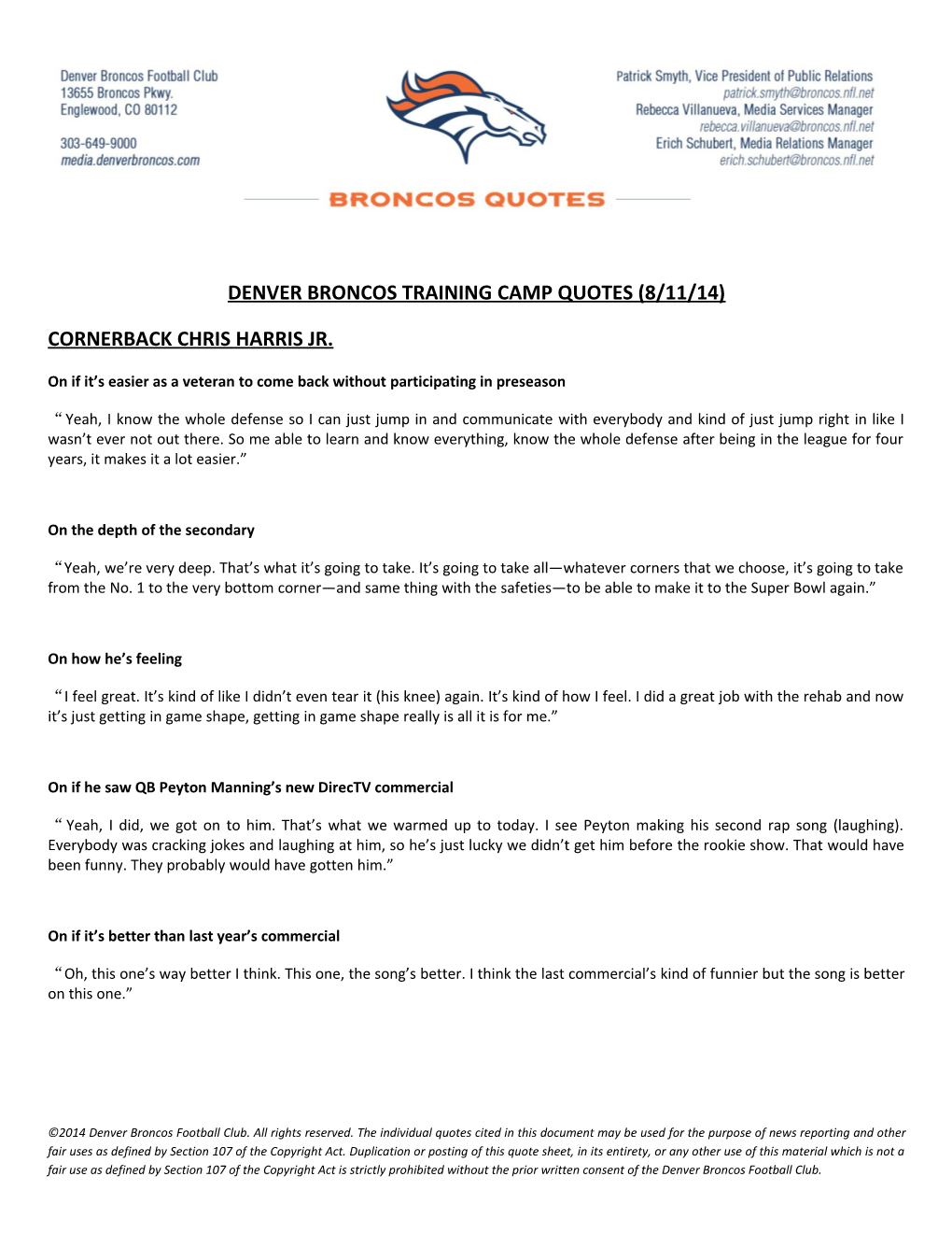 Denver Broncos Training Camp Quotes (8/11/14)