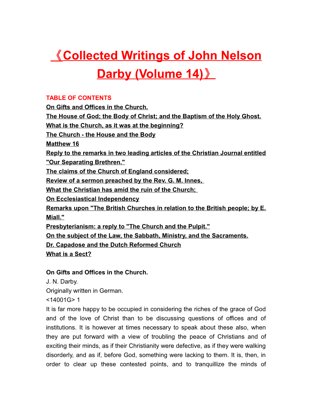 Collected Writings of John Nelson Darby (Volume 14)