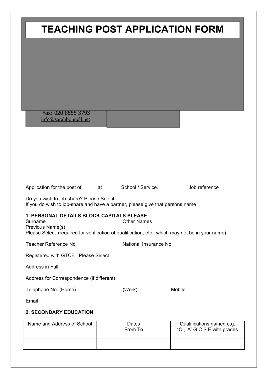 Teaching Post Application Form