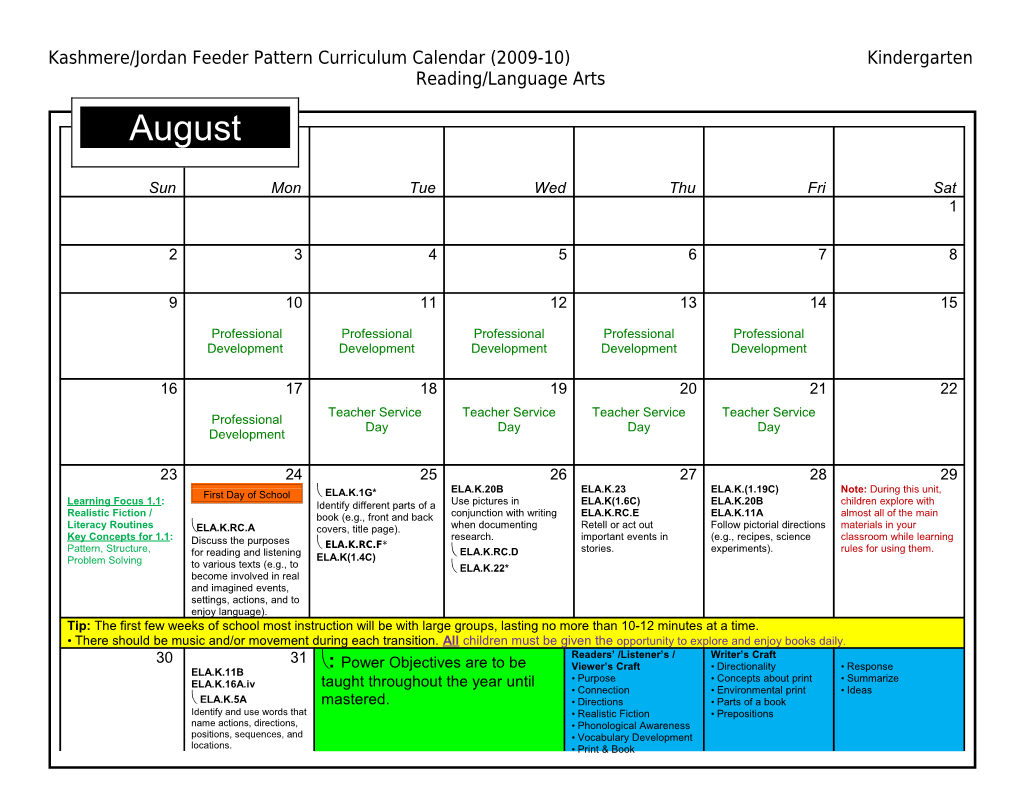 Kashmere/Jordan Feeder Pattern Curriculum Calendar (2009-10) Kindergarten Reading/Language Arts