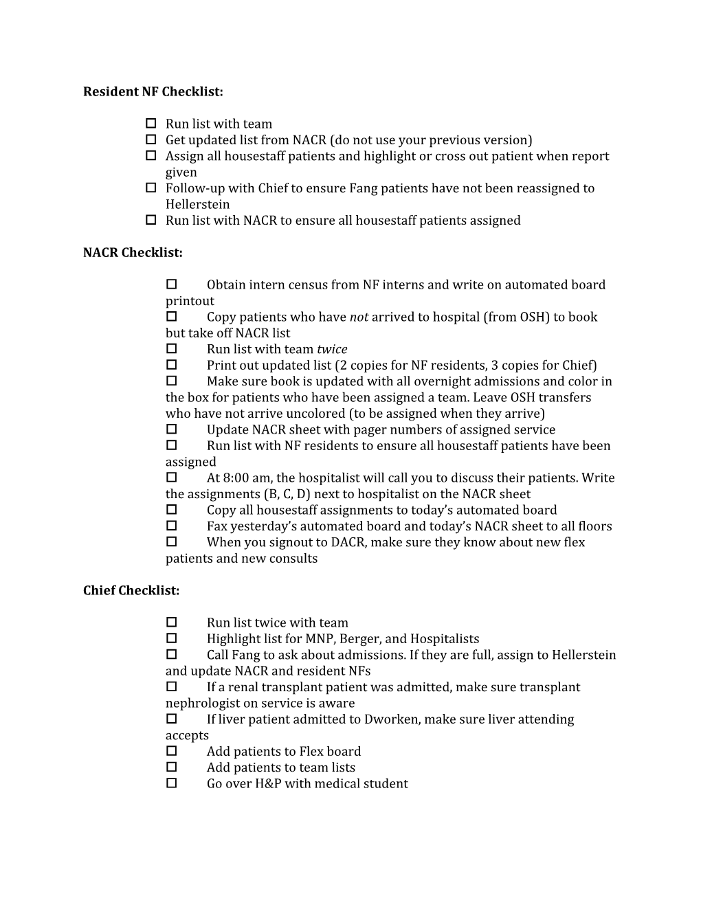 Resident NF Checklist