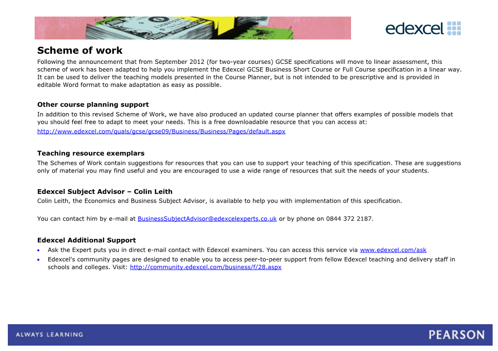 Editable Schemes of Work - Business Studies