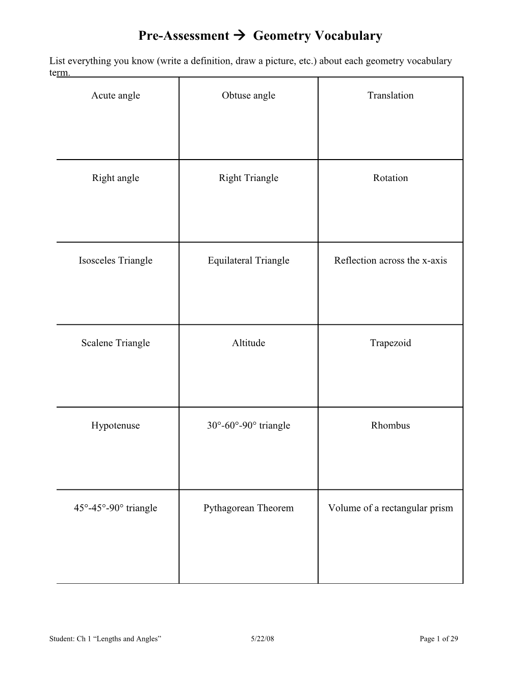 Pre-Assessment Geometry Vocabulary