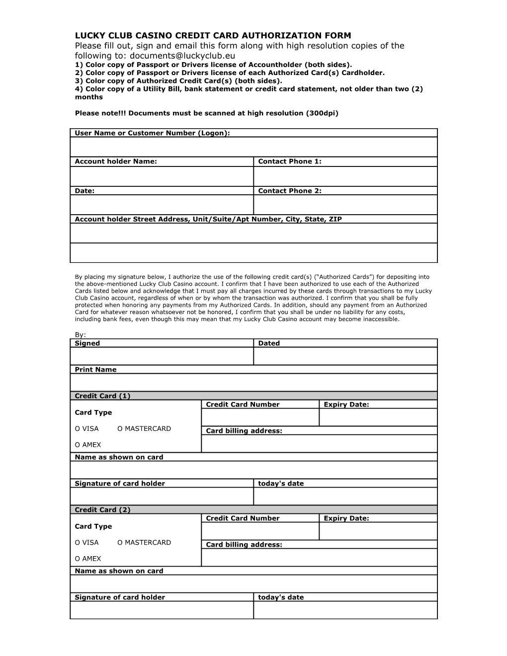 Jackpot Capital Credit Card Authorization Form