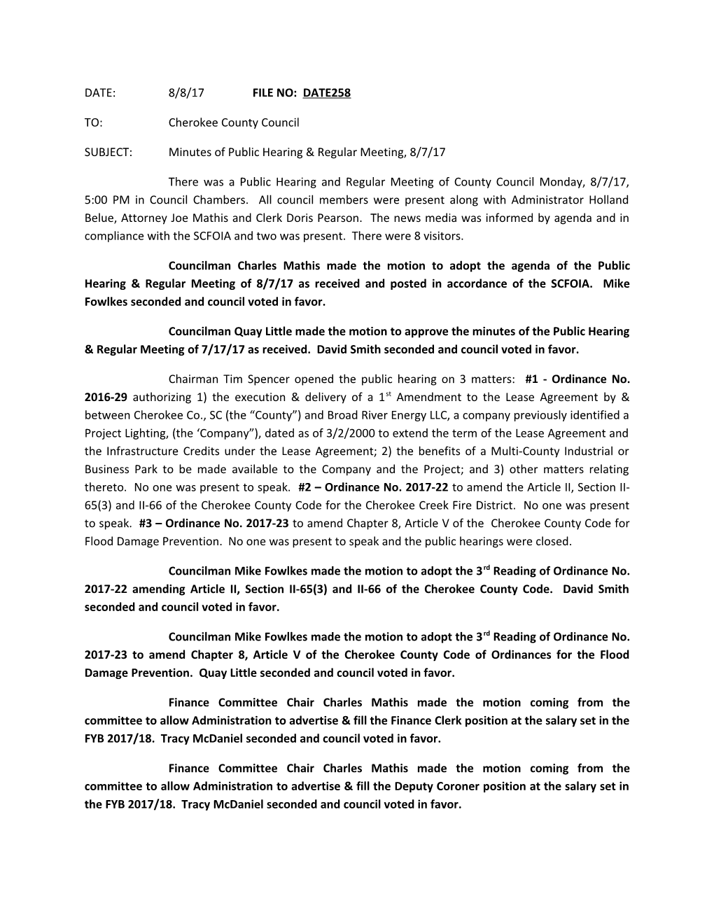 SUBJECT: Minutes of Public Hearing & Regular Meeting, 8/7/17