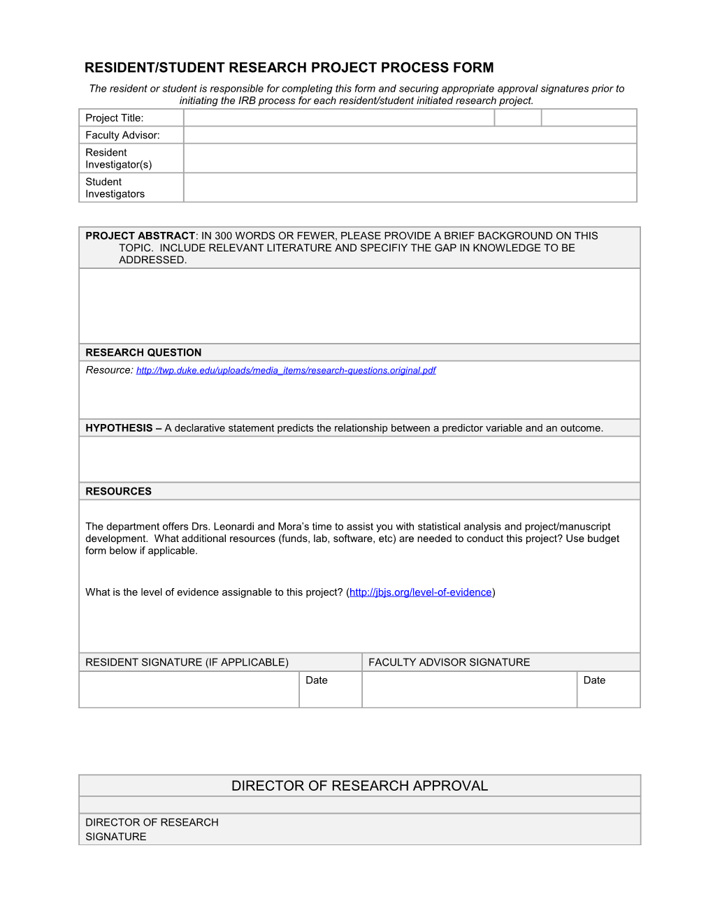 Resident/Student Research Project Process Form