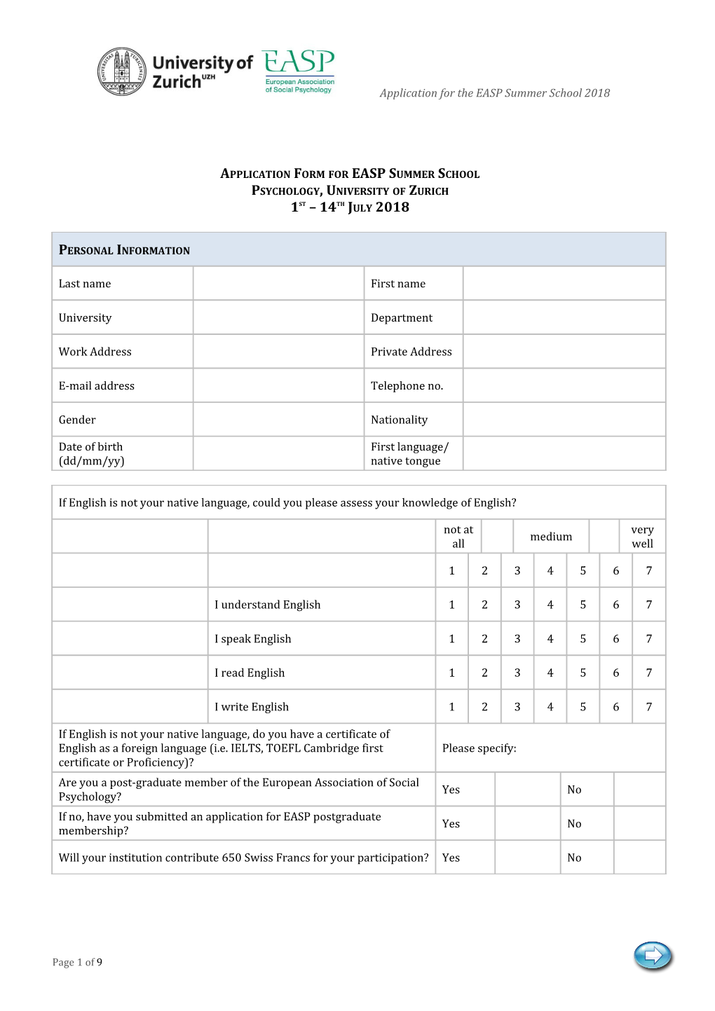 Application Form for EAESP Summer School 2006