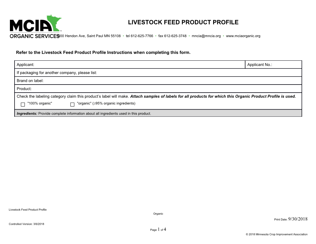 Refer to the Livestock Feed Product Profile Instructions When Completing This Form