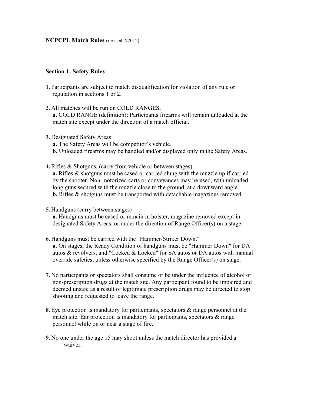 NCPCPL Match Rules (Revised 7/2012)