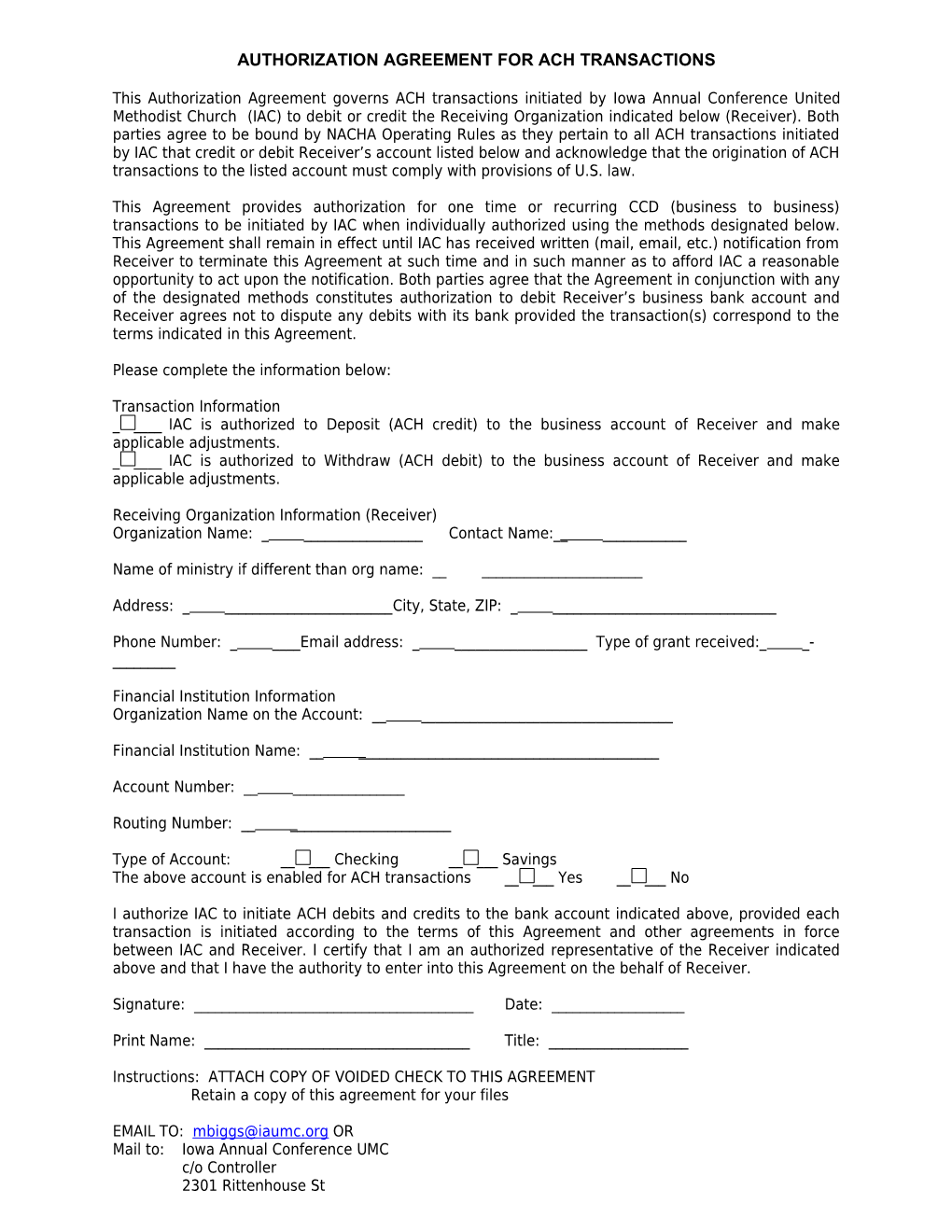 Authorization Agreement for Ach Transactions
