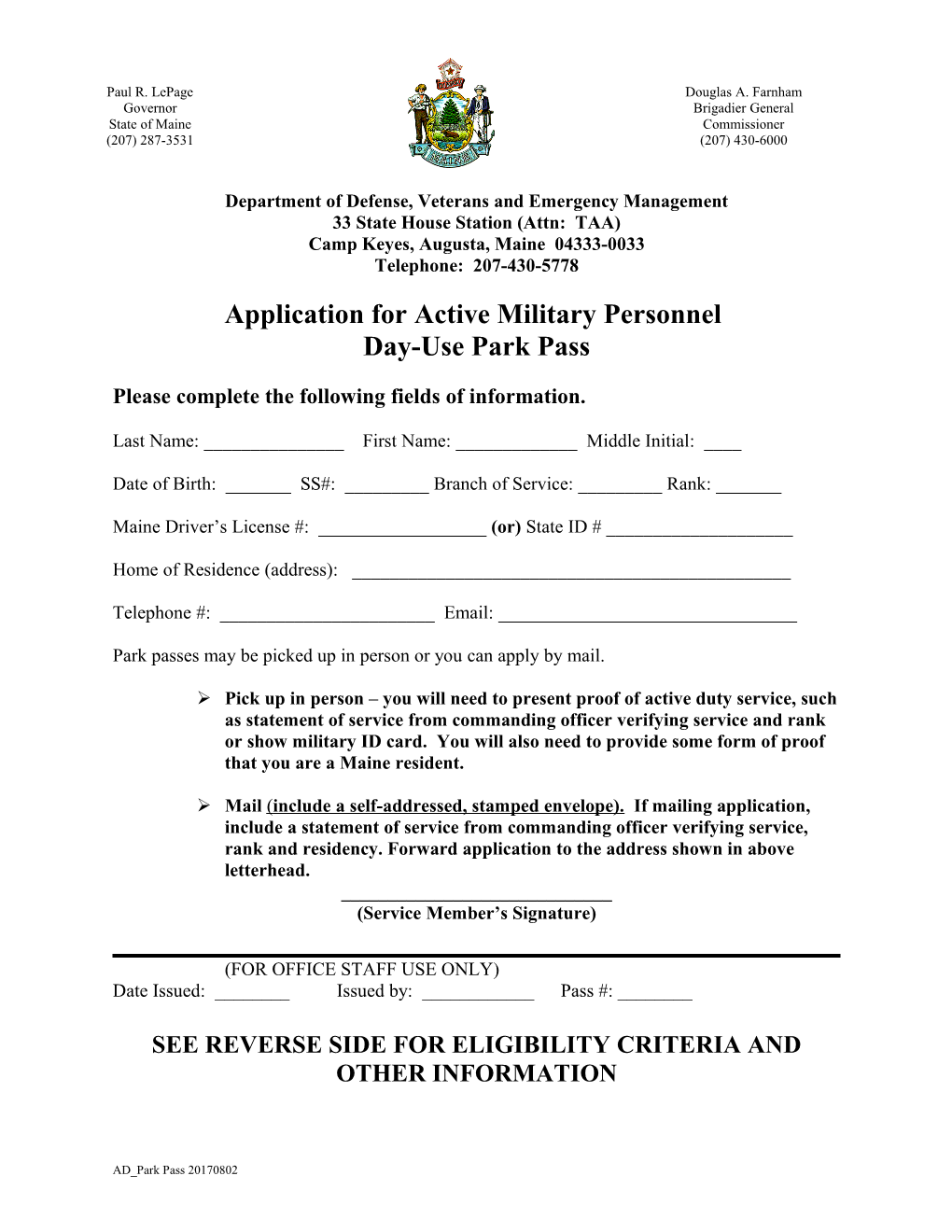 Application for Active Military Personnel