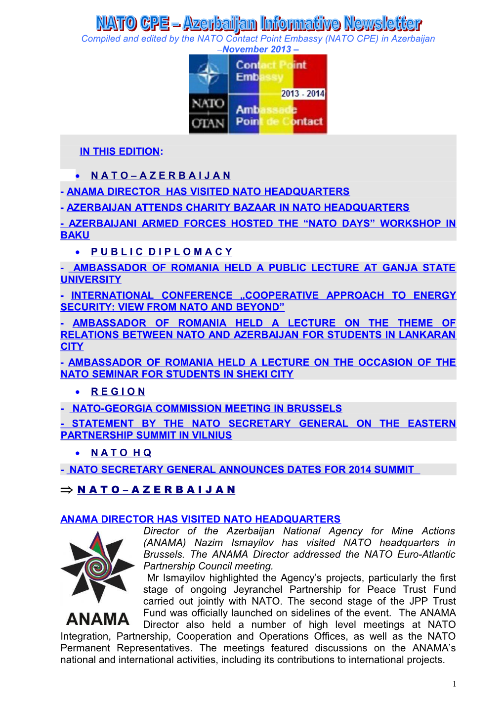 Compiled and Edited by the NATO Contact Point Embassy (NATO CPE) in Azerbaijan