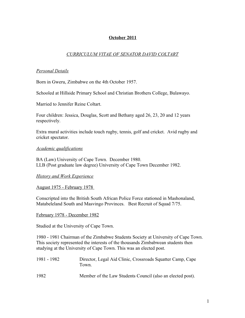 Curriculum Vitae of Senator David Coltart